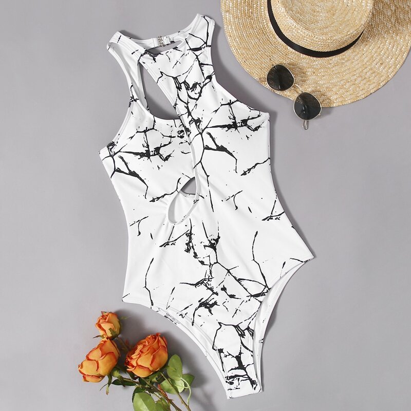 

Marble Pattern Cut-out One Piece Swimsuit, Black and white