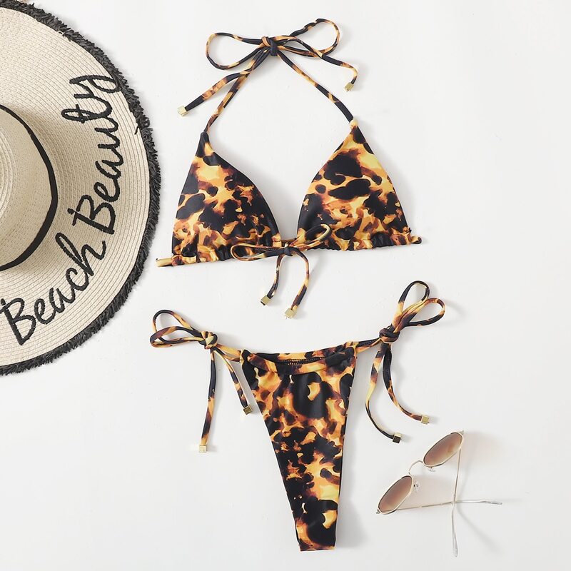 

Graphic Tie Side Thong Bikini Swimsuit, Multicolor