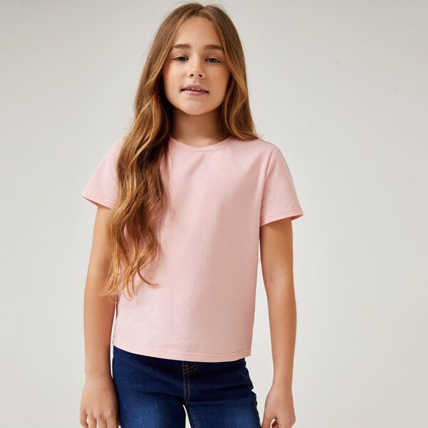 

Girls Solid Round Neck Tee, Baby pink