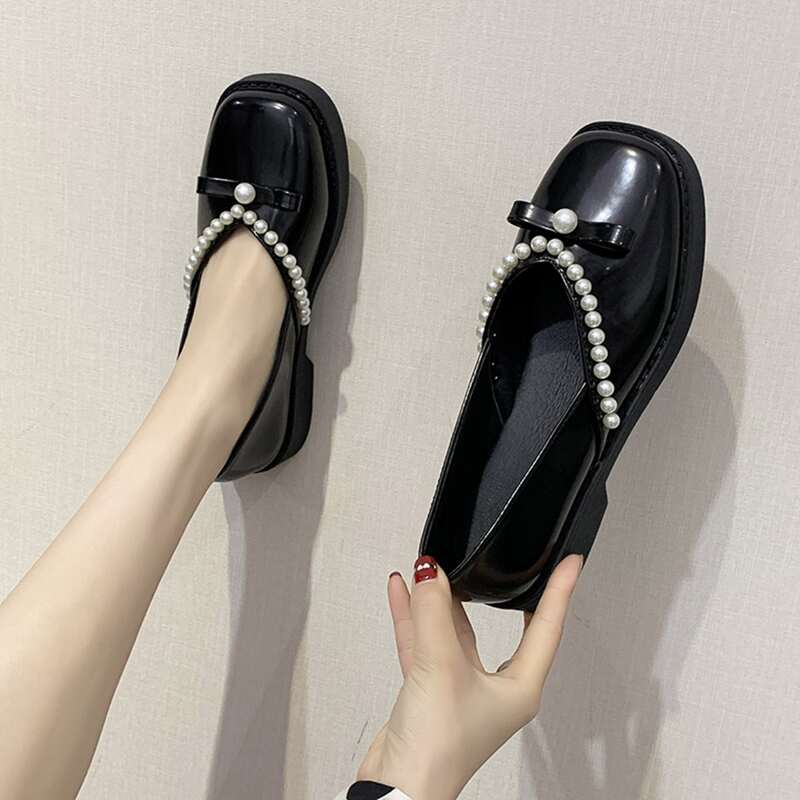 

Faux Pearl Square Toe Flats, Black