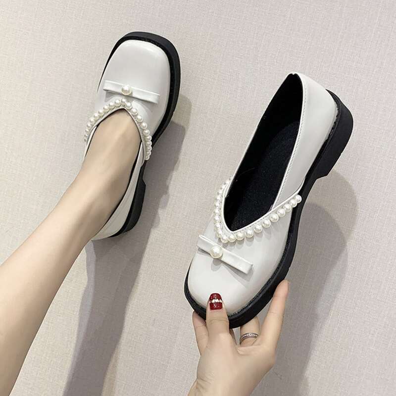 

Faux Pearl Square Toe Flats, Beige