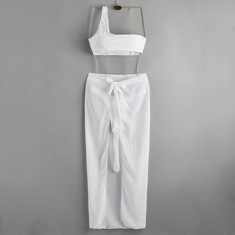 

3pack One Shoulder High Leg Bikini Swimsuit & Beach Skirt, White