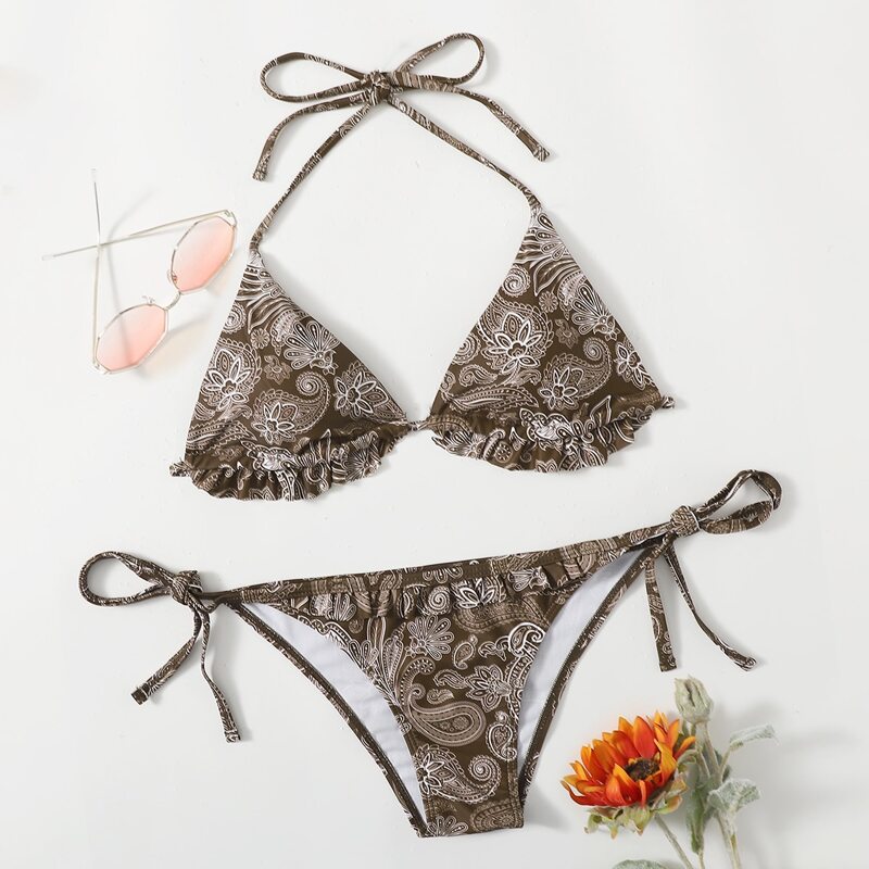 

Floral & Paisley Pattern Bikini Swimsuit, Brown