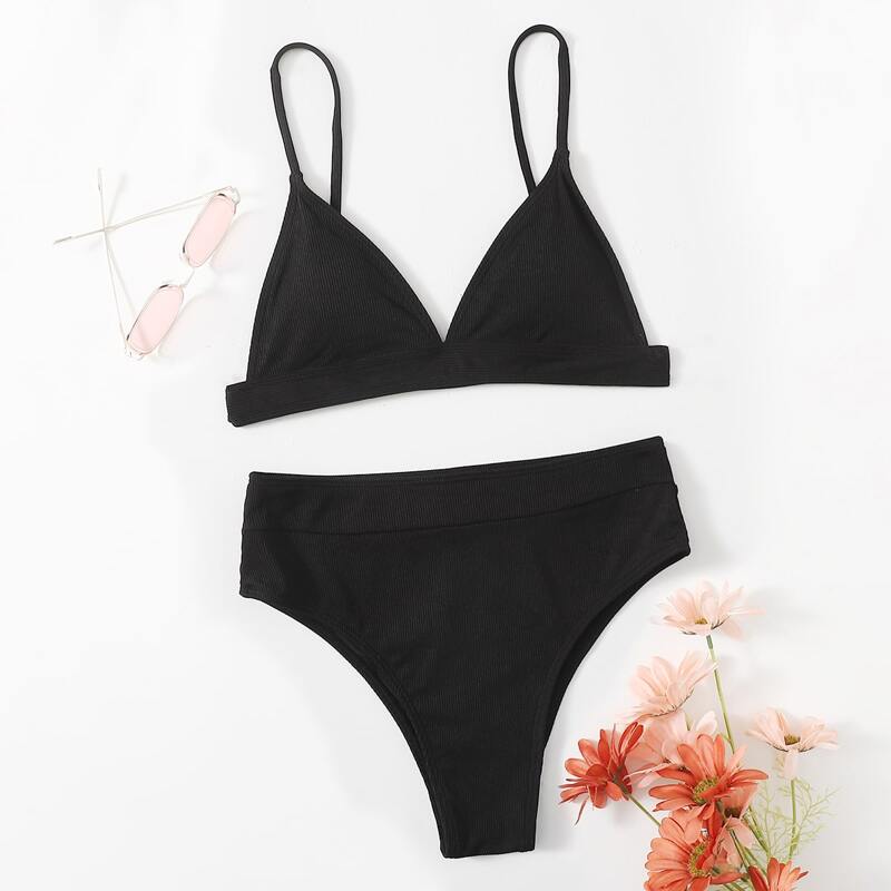 

Triangle High Waist Bikini Swimsuit, Black