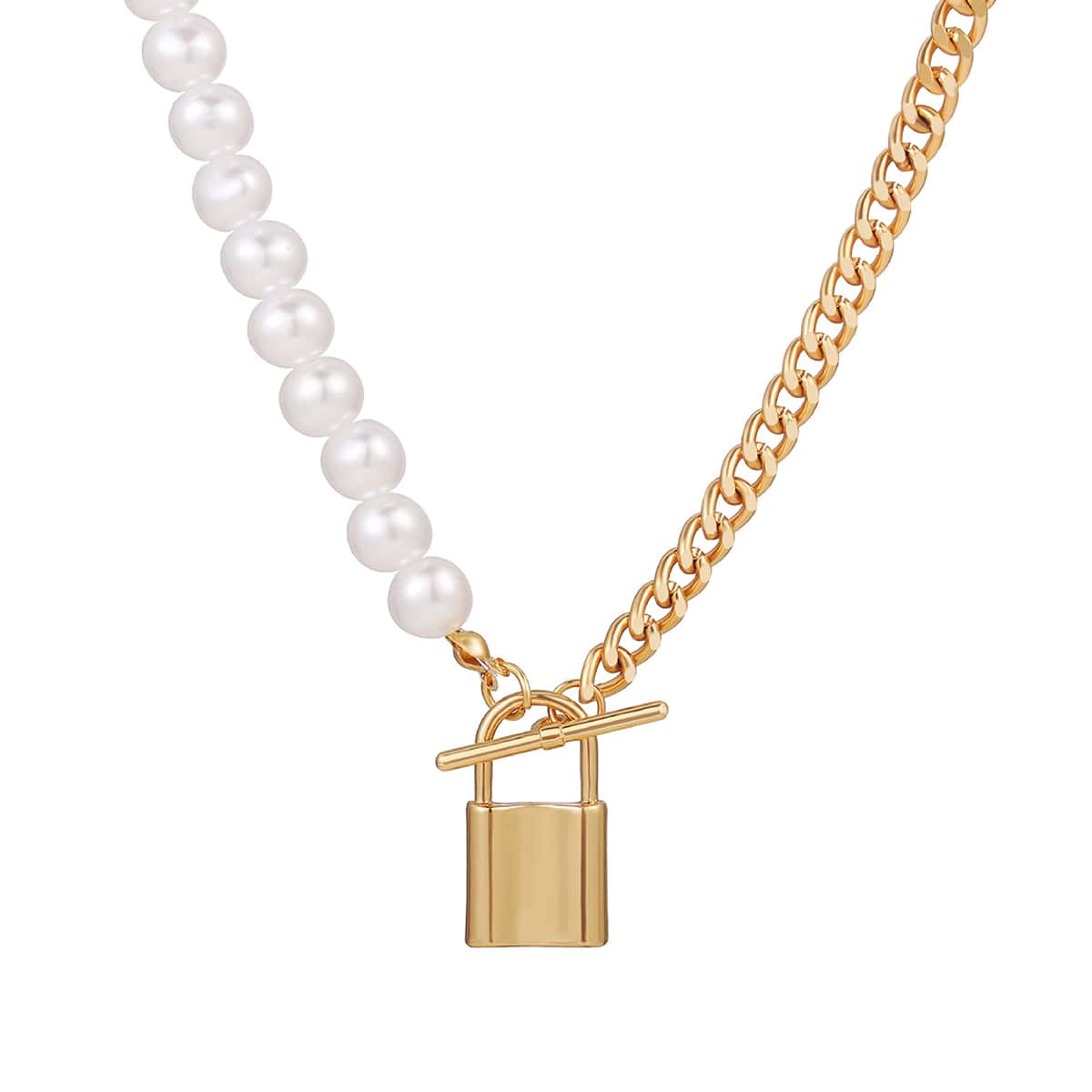 

Lock & Faux Pearl Chain Necklace, Gold
