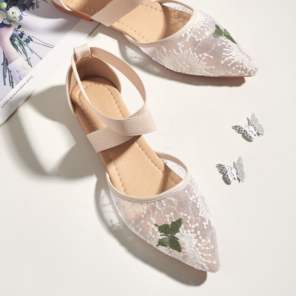 

Butterfly Embroidered Ankle Strap Flats, Beige