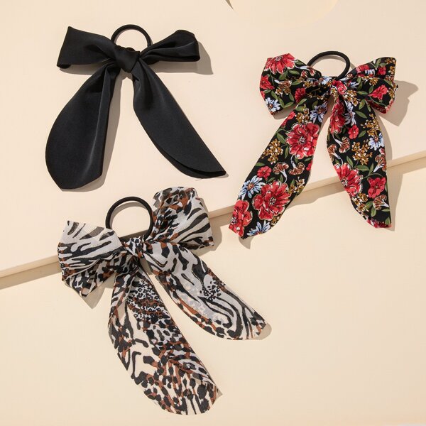 

3pcs Flower Print Bow Decor Hair Tie, Multicolor