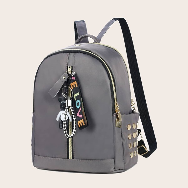 

Studded Decor Backpack With Bag Charm, Grey