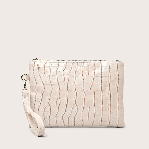 

Croc Embossed Clutch Bag With Wristlet, Beige