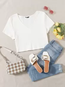 SHEIN EZwear 大碼羅紋針織短版T恤 - 白色 - 查看 1