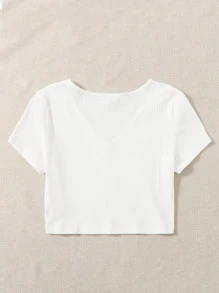 SHEIN EZwear 大碼羅紋針織短版T恤 - 白色 - 查看 2