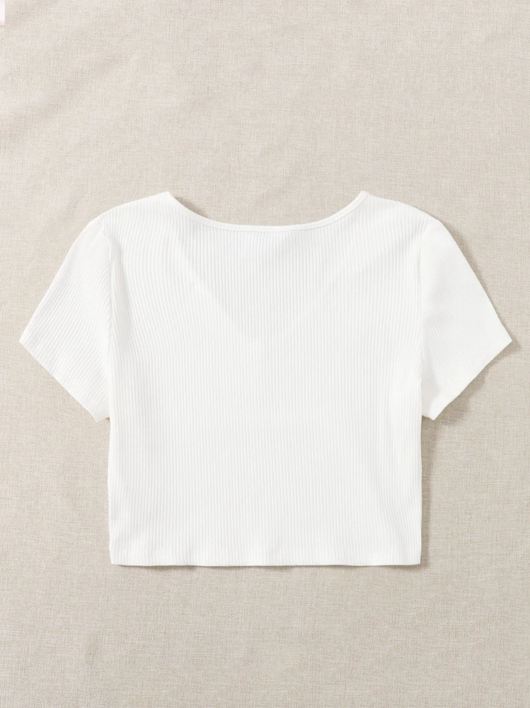SHEIN EZwear 大碼羅紋針織短版T恤 - 白色 - 查看 2