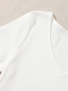 SHEIN EZwear 大碼羅紋針織短版T恤 - 白色 - 查看 3