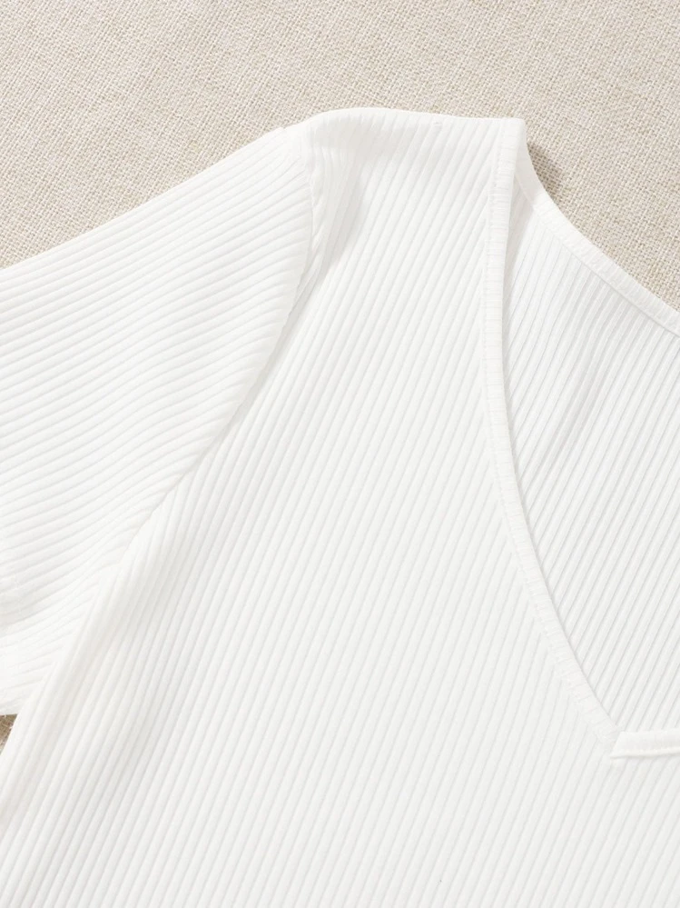 SHEIN EZwear 大碼羅紋針織短版T恤 - 白色 - 查看 3