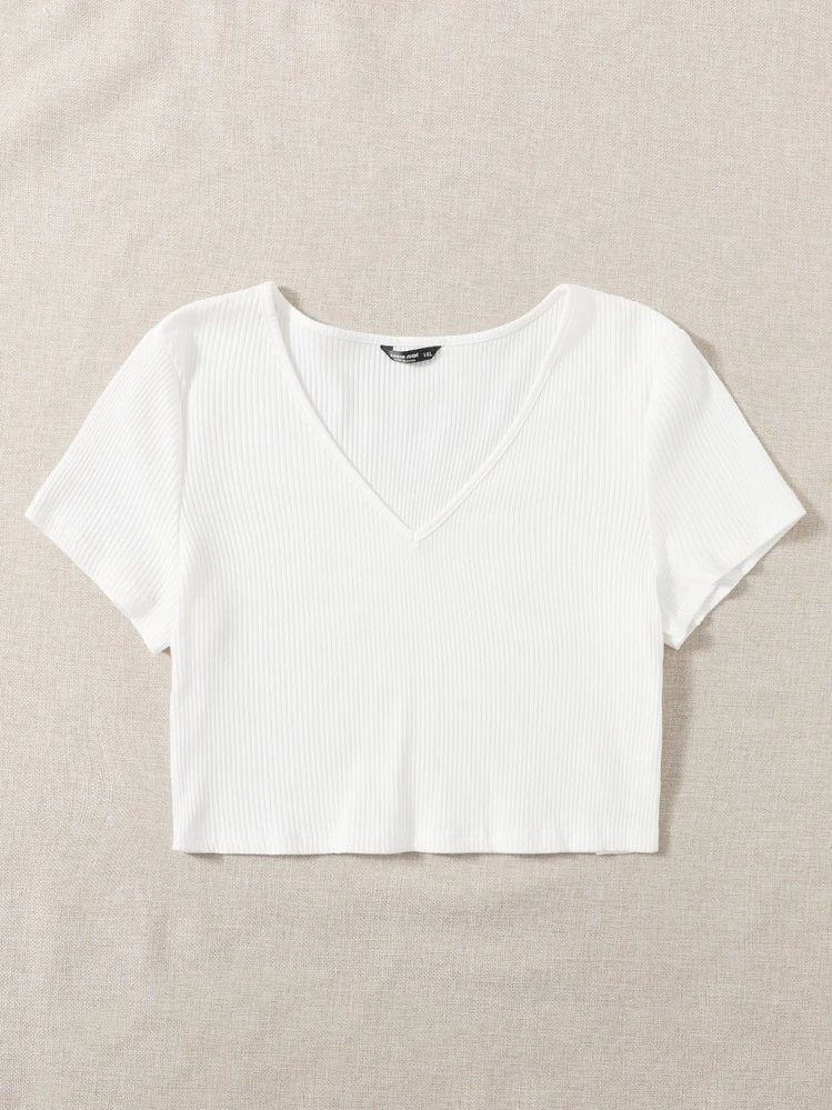 SHEIN EZwear 大碼羅紋針織短版T恤 - 白色 - 查看 4