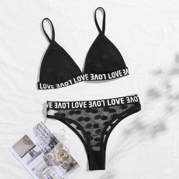 

Dobby Mesh Letter Tape Lingerie Set, Black