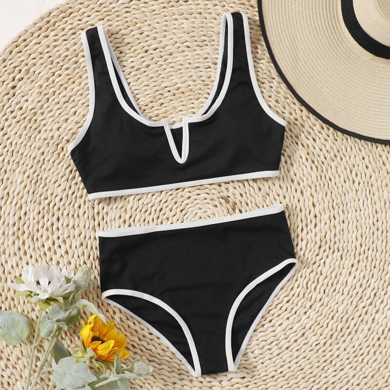 

Contrast Binding V Wired Bikini Swimsuit, Black