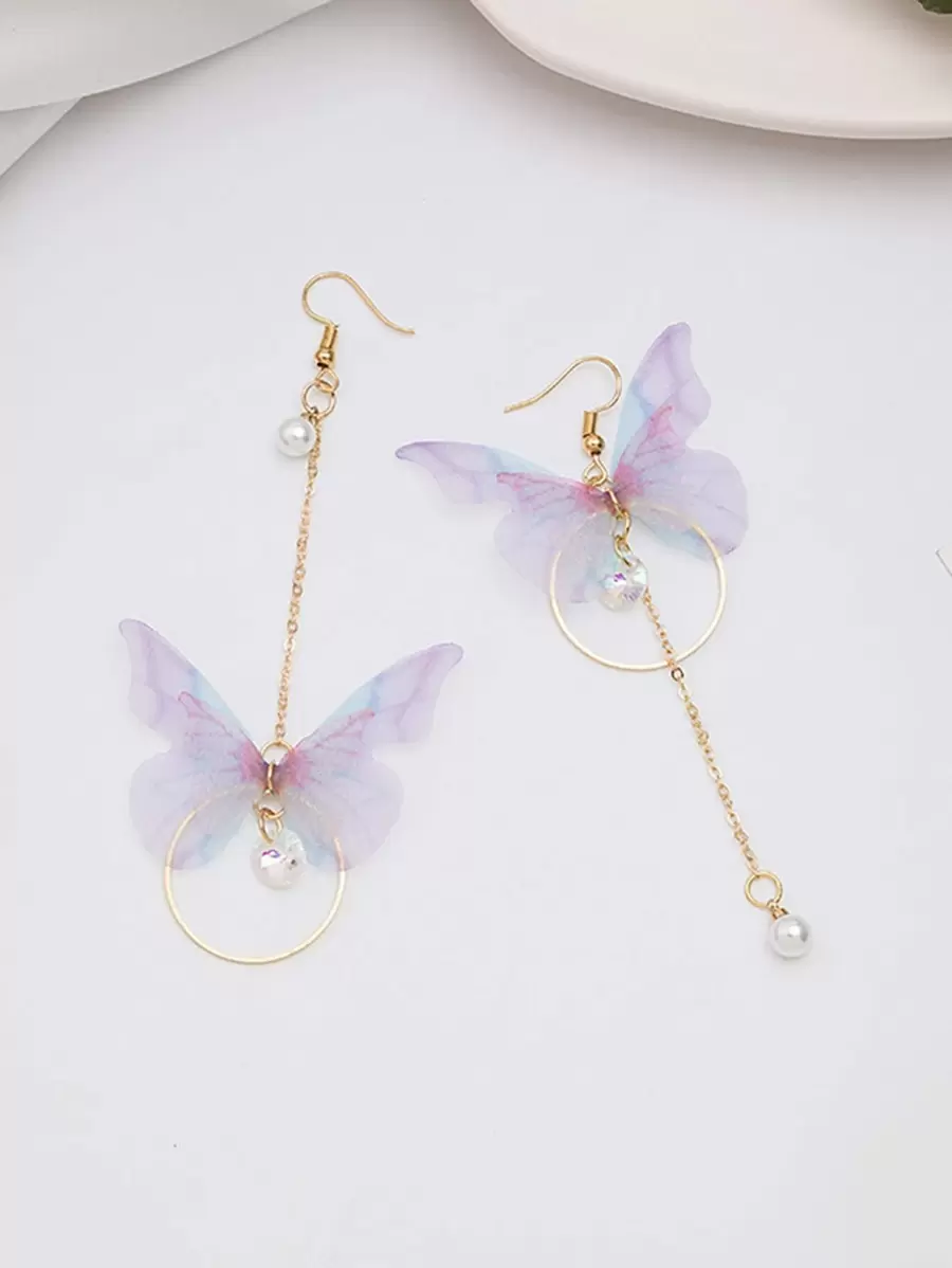Butterfly Charm Drop Earrings - Purple - View 1