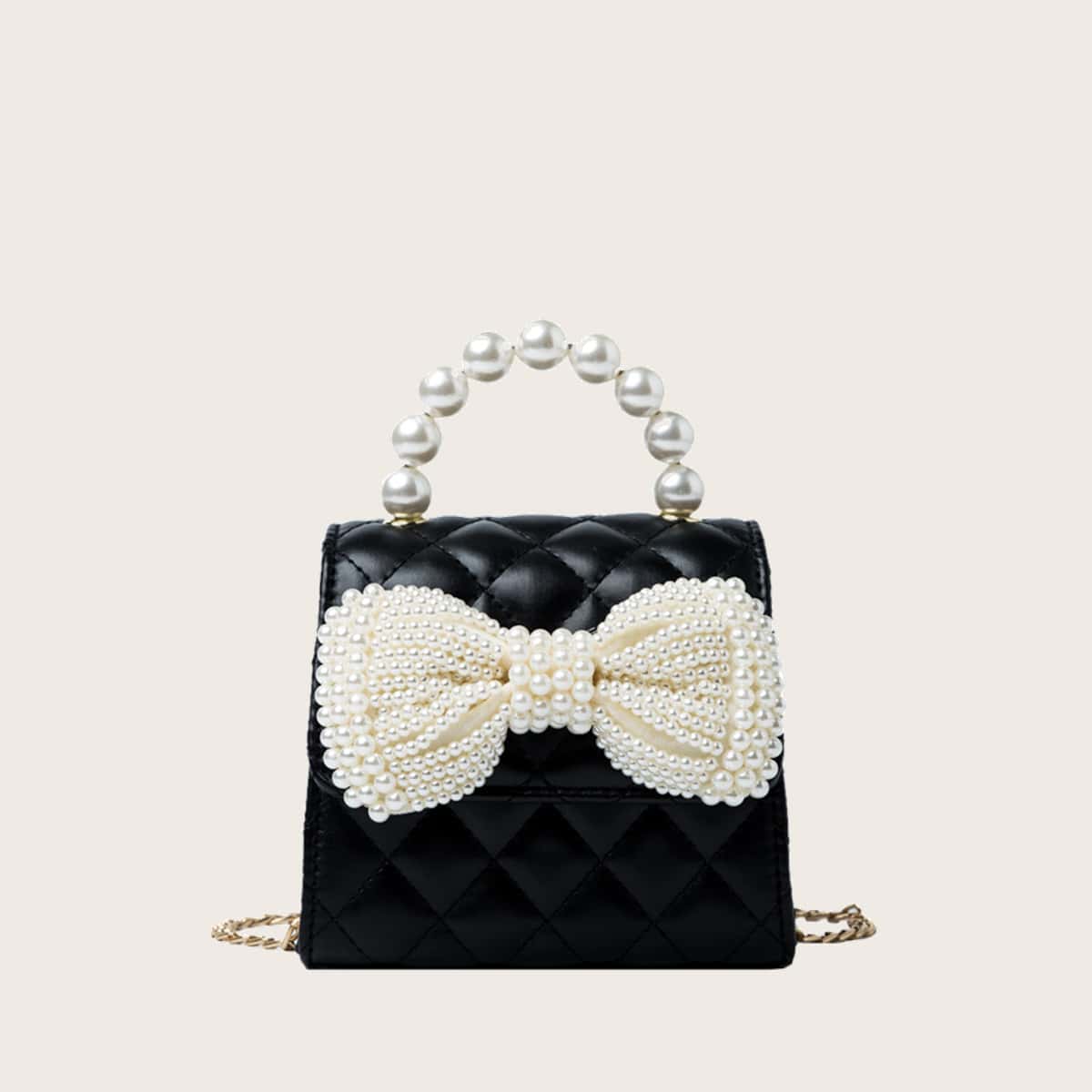

Faux Pearl Bow Quilted Satchel Bag, Black