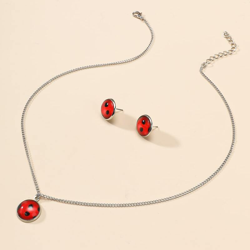 

3pcs Ladybug Round Jewelry Set, Silver