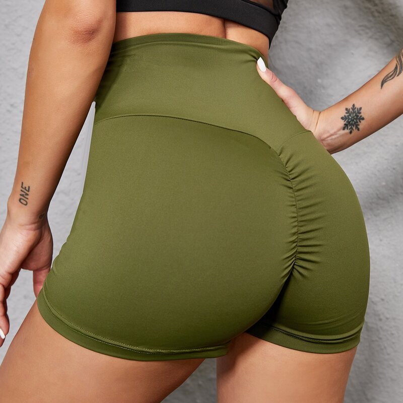 

Solid Ruched Back Sports Shorts, Army green