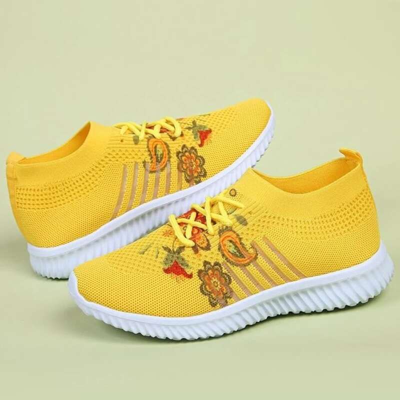 

Floral Lace-up Knit Sneakers, Yellow