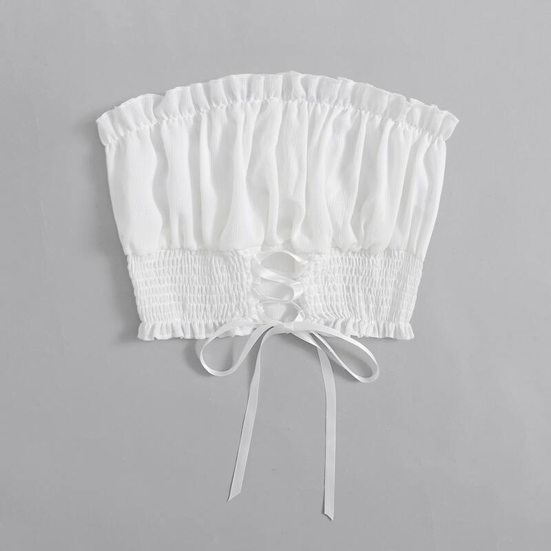 

Solid Frill Lace Up Crop Tube Top, White