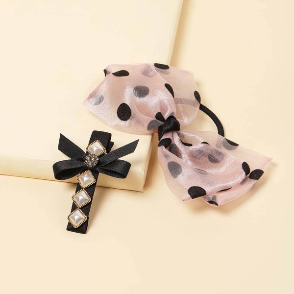 

Bow Decor Hair Tie & Faux Pearl Decor Hair Clip, Multicolor
