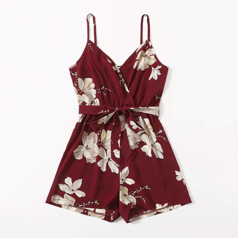 

Floral Wrap Belted Romper, Burgundy