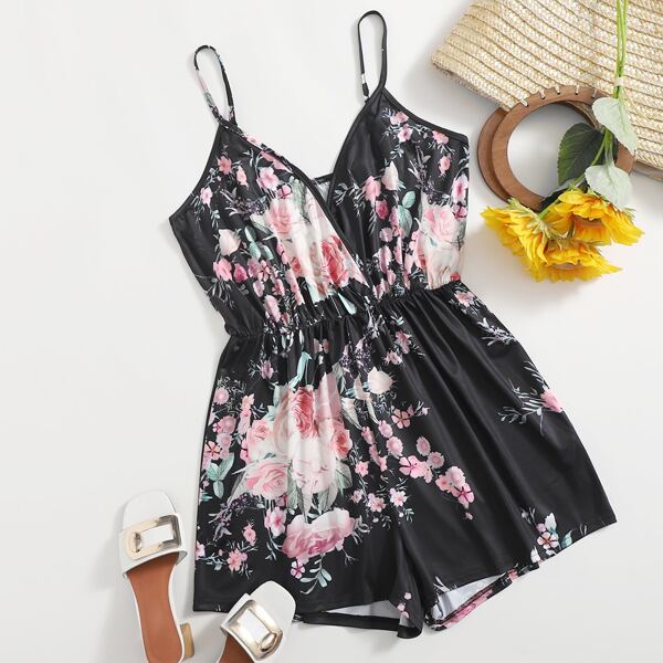 

Plus Floral Print Surplice Cami Romper, Black