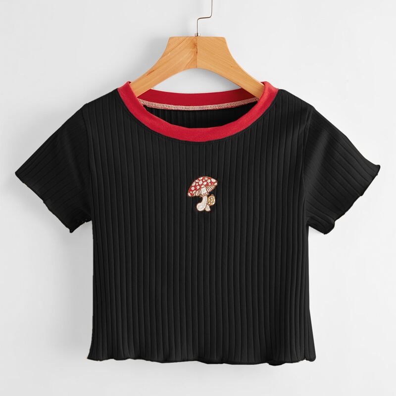 

Mushroom Embroidery Ribbed Crop Tee, Multicolor