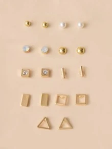 9對假珍珠裝飾耳釘 - 金黃色 - 查看 1