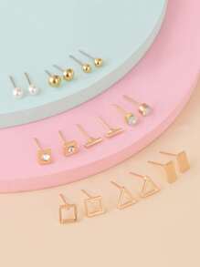 9對假珍珠裝飾耳釘 - 金黃色 - 查看 2