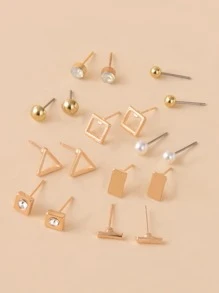 9對假珍珠裝飾耳釘 - 金黃色 - 查看 3