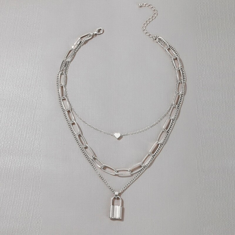 

Lock Chain Layered Necklace, Silver