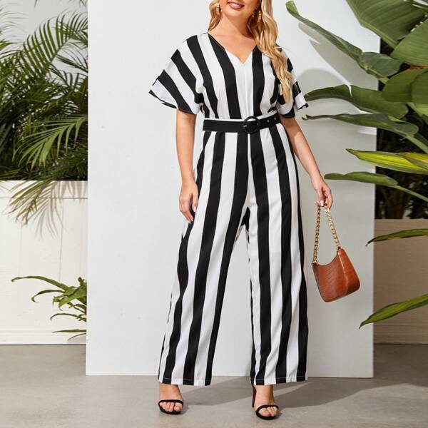 

Plus Striped Batwing Sleeve Belted Culotte Jumpsuit, Black and white