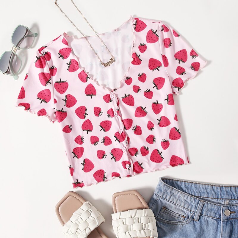 

Lettuce Trim Strawberry Print Tee, Multicolor