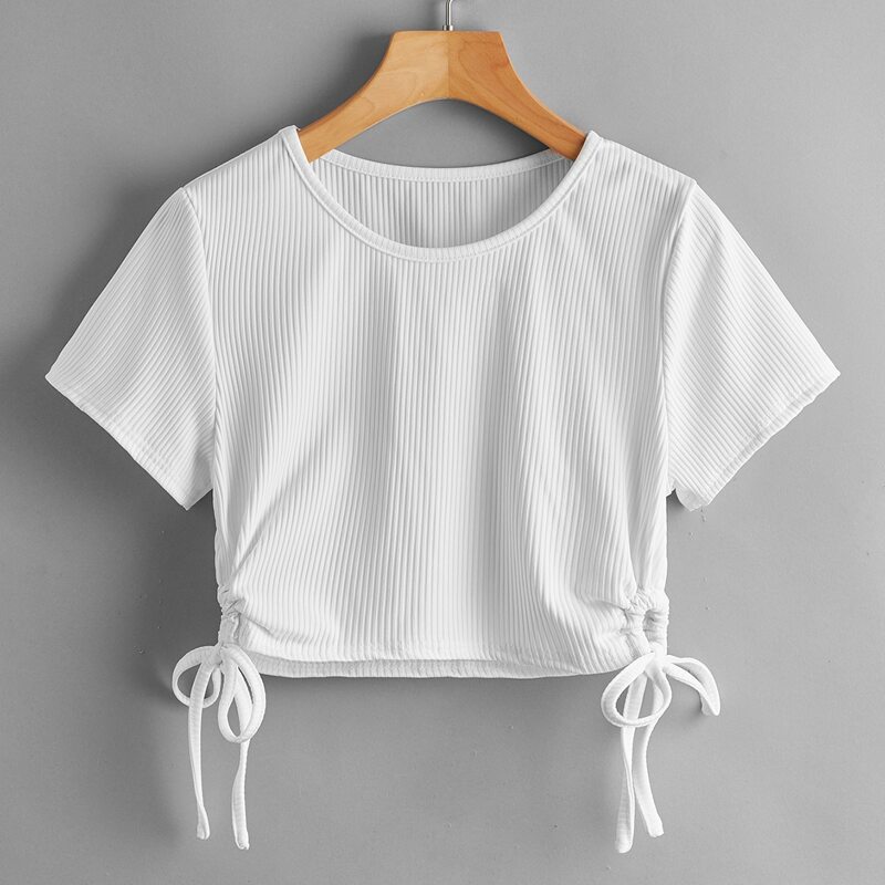 

Solid Drawstring Ribbed Crop Tee, White
