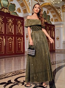 SHEIN 折邊露肩閃亮連衣裙 - 金色 - 查看 4