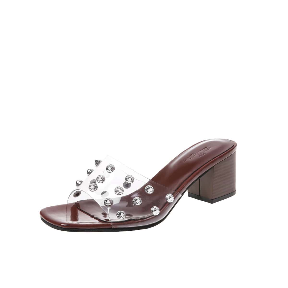 

Rhinestone Clear Band Chunky Heeled Sandals, Brown clear