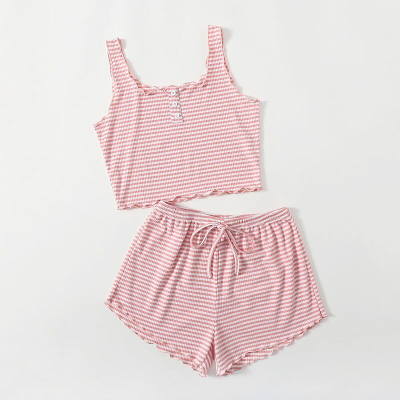 

Striped Button Lettuce Trim Tie Front Pajama Set, Multicolor