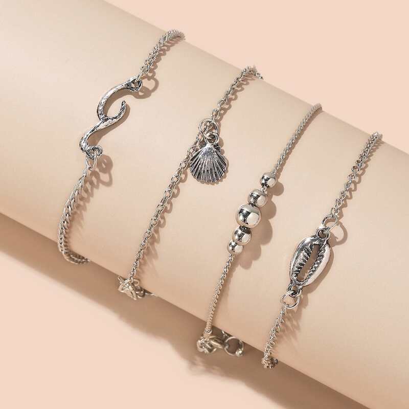 

4pcs Shell Charm Chain Anklet, Silver