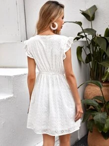 Eyelet Embroidery Ruffle Trim Smock Dress - White - View 2