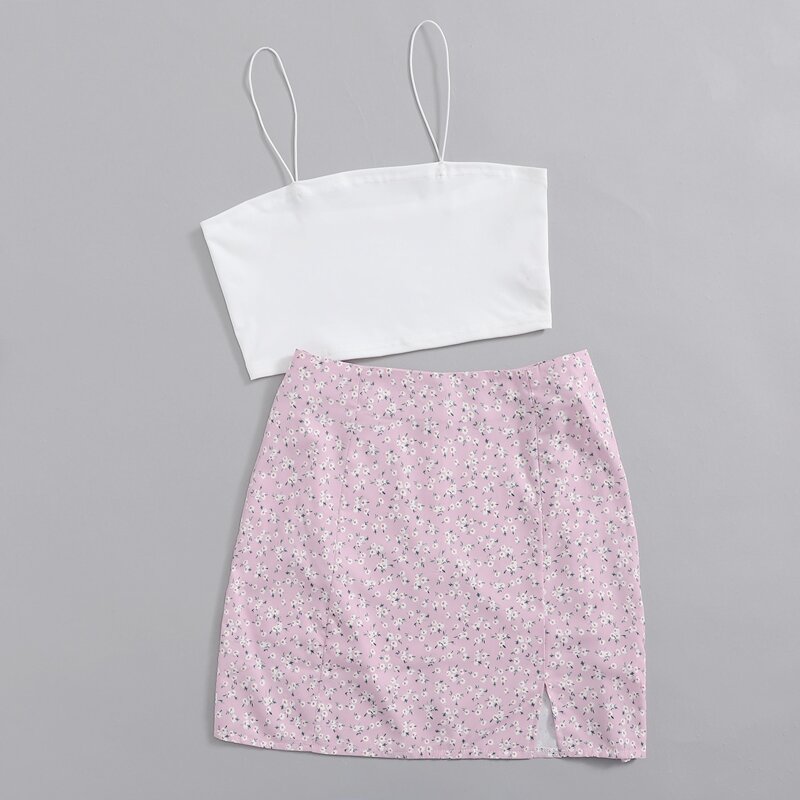 

Solid Crop Cami & Ditsy Flower Split Skirt, Multicolor