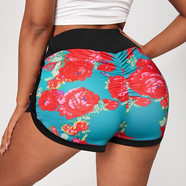 

Plus Floral Scrunch Butt Track Shorts, Multicolor