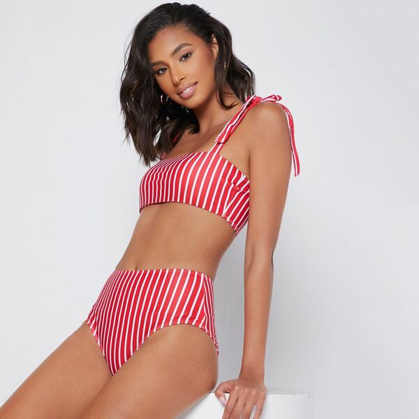 

Striped High Waisted Bikini Panty, Red and white
