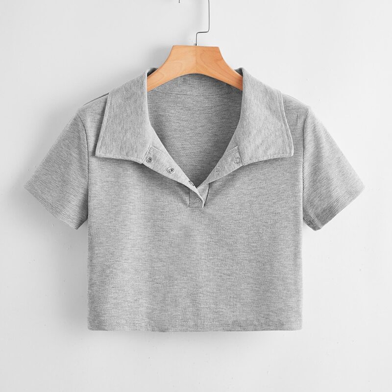 

Solid Ribbed Polo Crop Tee, Grey