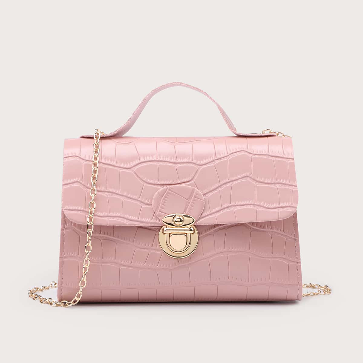 

Croc Embossed Chain Satchel Bag, Pink