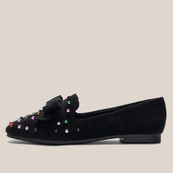 

Bow & Bead Decor Flat Loafers, Black