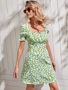 滿版花卉圖案方形領A字型連衣裙 - 綠色 - 查看 4